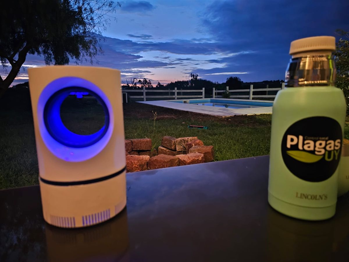 Trampa LED UV anti mosquitos de Plagas UY encendida al atardecer — control de mosquitos en Montevideo
